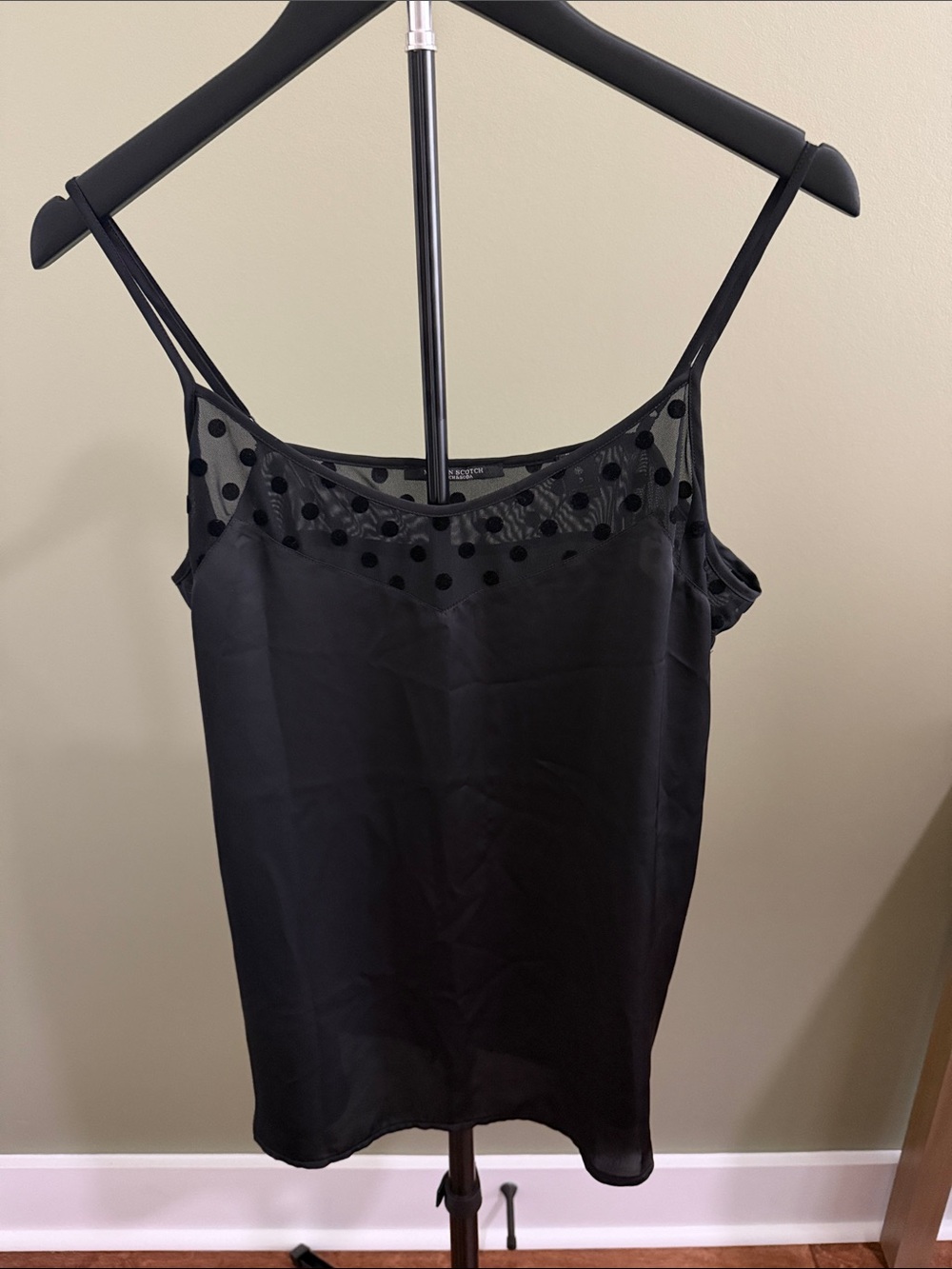 Madison Scotch Black Silky Polka Dot Mesh Yoke Camisole - Women